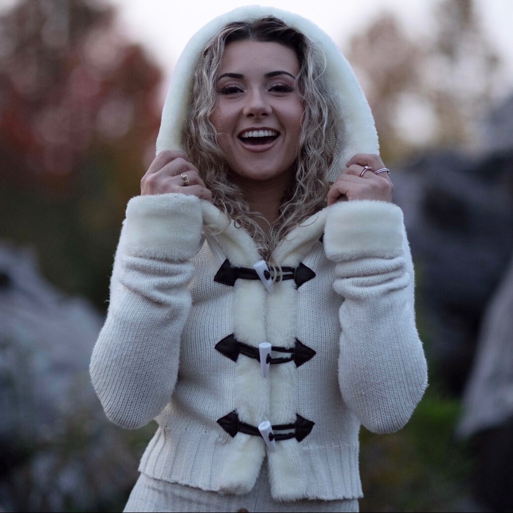 *SOLD* Hooded Faux Fur Trim Knit Cardigan Sweater